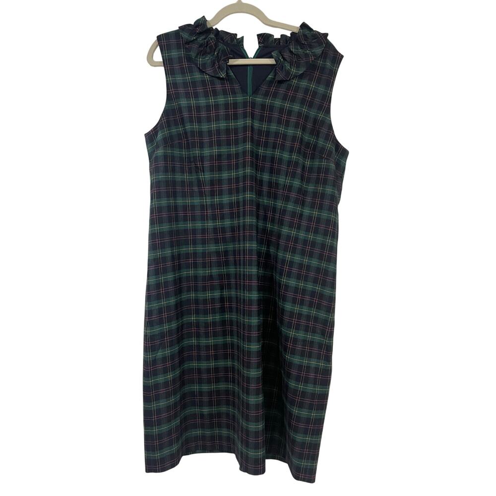 Talbots Green Tartan Plaid Shift Dress Split Neck Ruffle Size 16